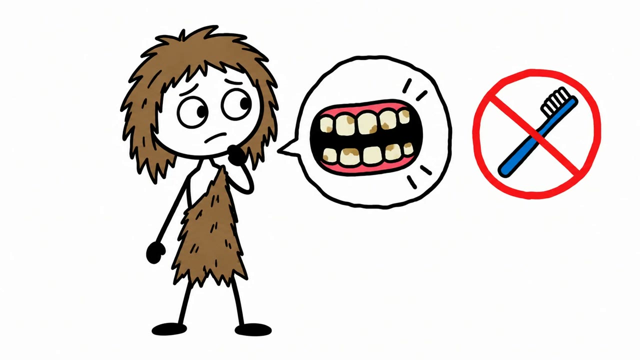 Doodle-style history explainer frame: a stick figure caveman with brown hair, a speech bubble showing stained teeth, and a crossed-out toothbrush, on white