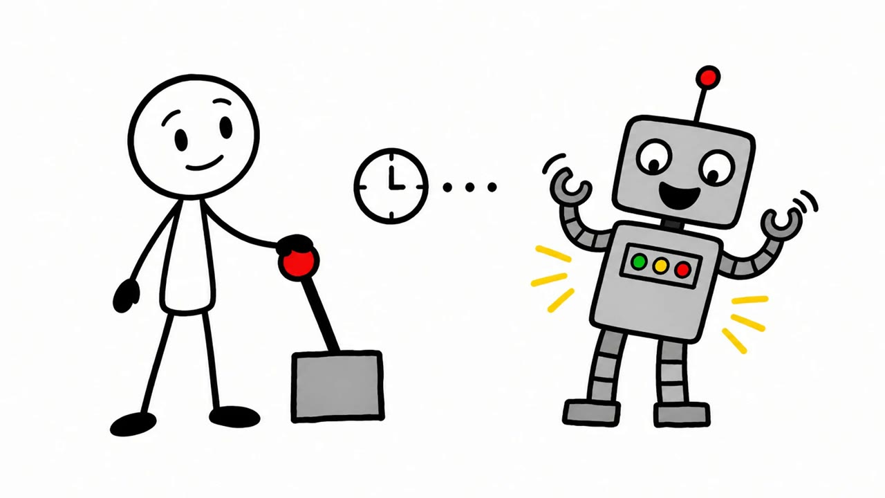 Stick figure explainer frame: a black-outline stick figure presses a red button, a clock and a grey cartoon robot react, on a plain white background