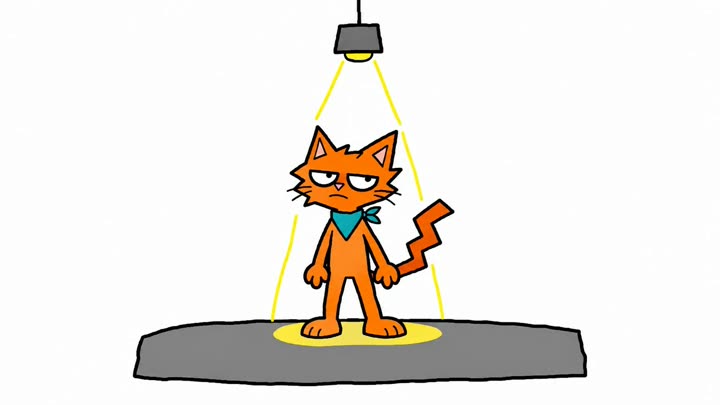 Hand-drawn psychology explainer frame: an orange cartoon cat in a teal scarf stands under a spotlight on a grey stage, on a white background