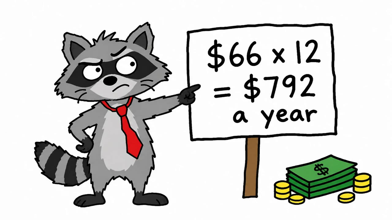 Cartoon animal explainer frame: a grey raccoon in a red tie points at a sign reading $66 x 12 = $792 a year, next to a stack of money, on white