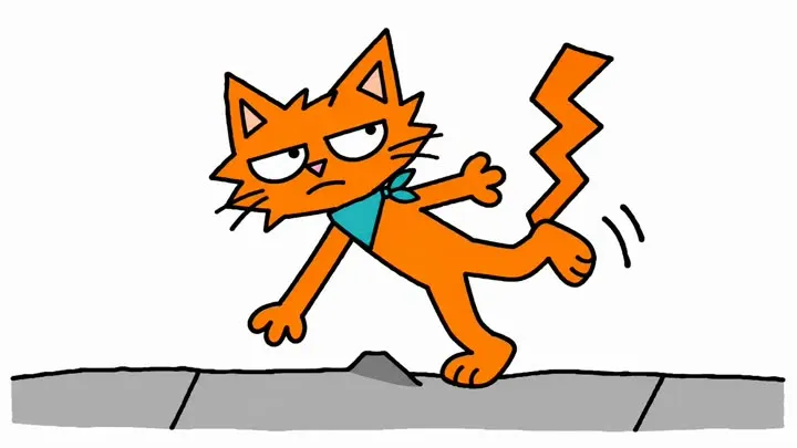 The orange cat with a teal bandana trips on a sidewalk.