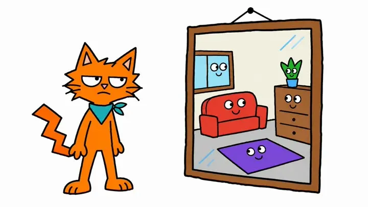 The same cat stands beside a framed picture of a cosy room.