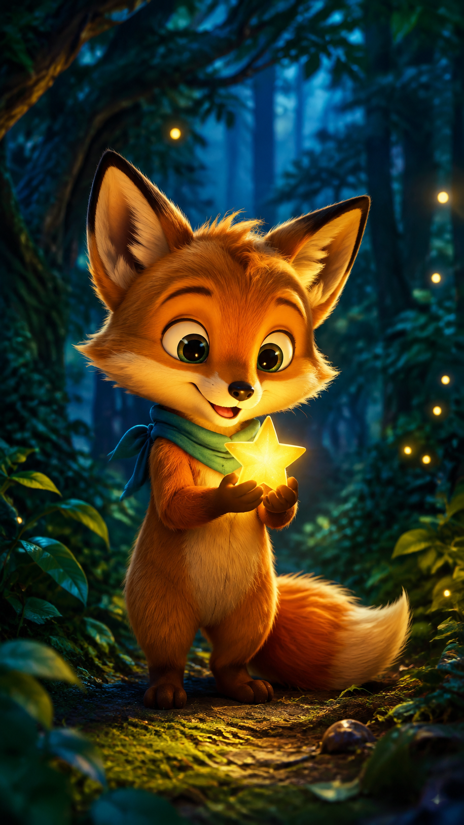 A small orange fox in a teal scarf holds a glowing star in an enchanted forest